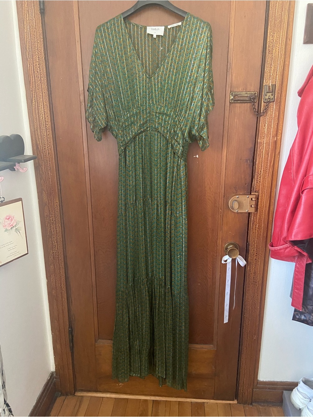 ba&sh Green Metallic Stripe Maxi Dress with Gold Lurex